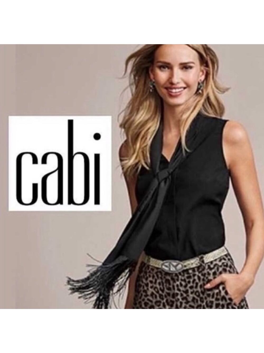 Cabi Blouse Womens Size S Black Fringe Tie Neck Sleeveless Hidden Buttons Career